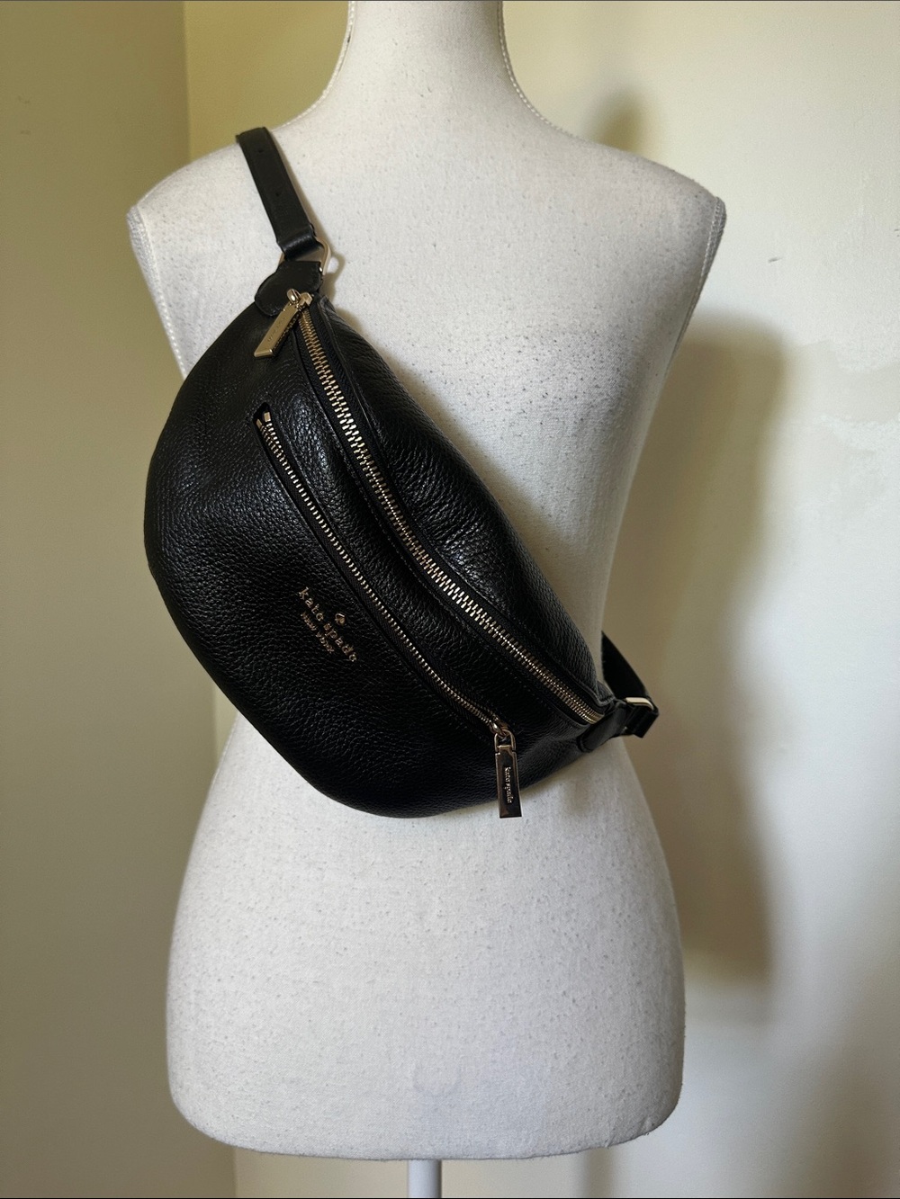 KATE SPADE Leila Black Leather Belt Bag Fanny Pack Double Zip with Gold Hardware